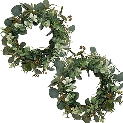 idyllic 12” Artificial Green Leaves Wreath Eucalyptus Round Wreath for Home Decoration Rustic Farmhouse Decor for Festival Celebration Front Door (2 Pack)