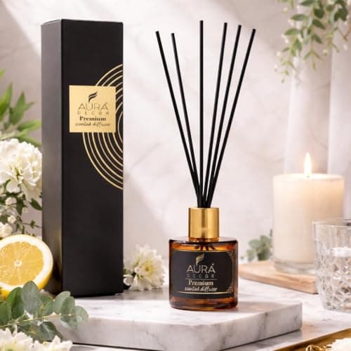 AuraDecor Luxe Reed Diffuser Set 50 ml Reed Oil & 6 Reed Sticks, Premium Room Freshener for Living Room, Washroom, Bedroom, Office Long-Lasting & Luxurious Aroma (Medium, Oudh)