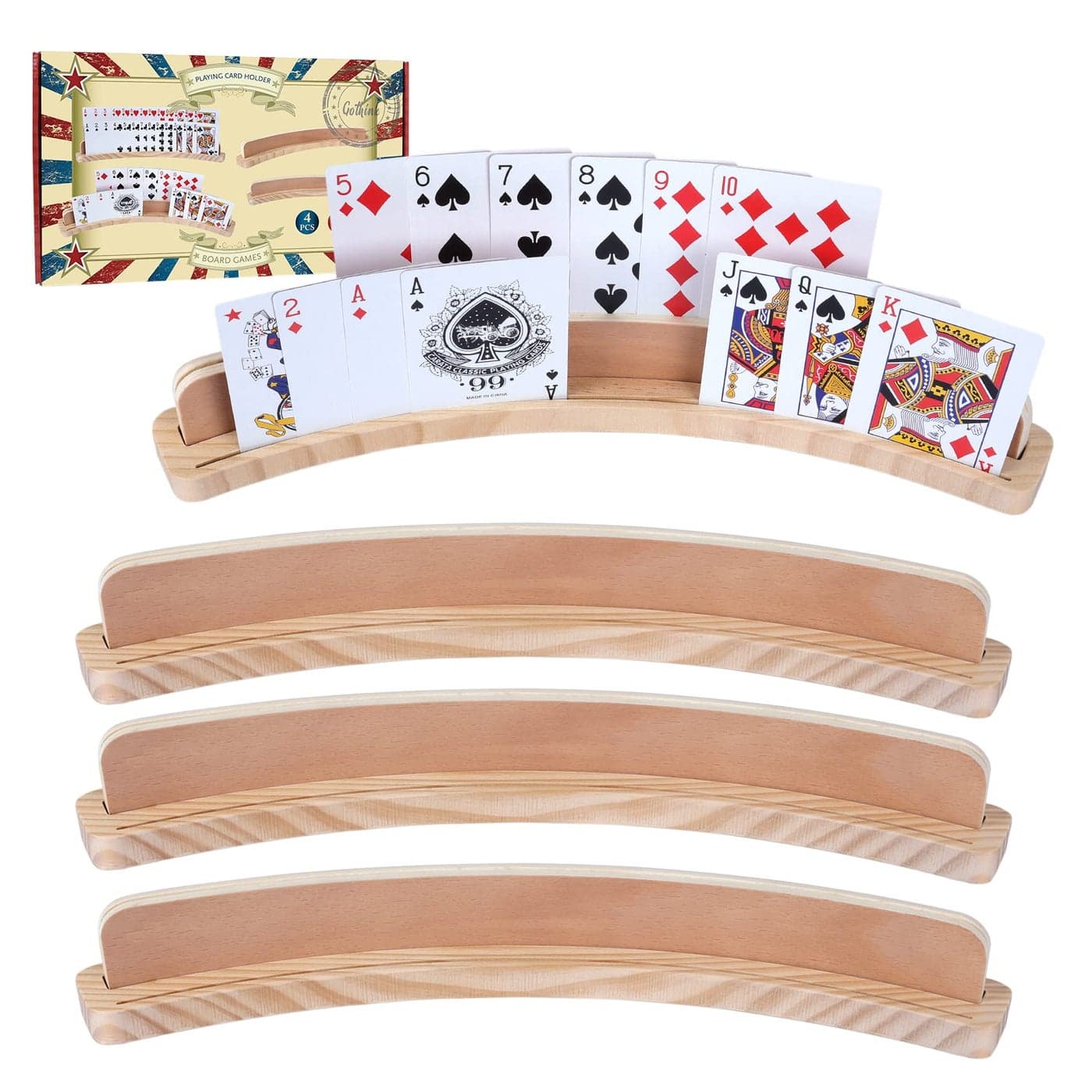 GOTHINK Set of 4 - Cruved Playing Card Holder for Kids Adult Seniors 2 Slot Solid Wood Cards Holders for Playing Cards 14 x 1.6 x 1.8 Inch Non Slip Card Deck for Bridge Canasta Strategy Card Games