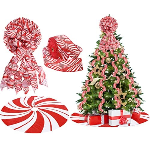 Zomiboo Christmas Tree Decoration Set Include Candy Cane Christmas Topper Bow 40 Inch Red White Tree Skirt Decorative Xmas Wired Ribbons for Xmas Party Holiday Home Decor