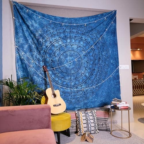 Craft Trade Indian Cotton Mandala Wall Hanging Tapestry for Aesthetic Boho Hippie Living Room, Meditation & Bedroom Décor - Blue - 84x90 Inches