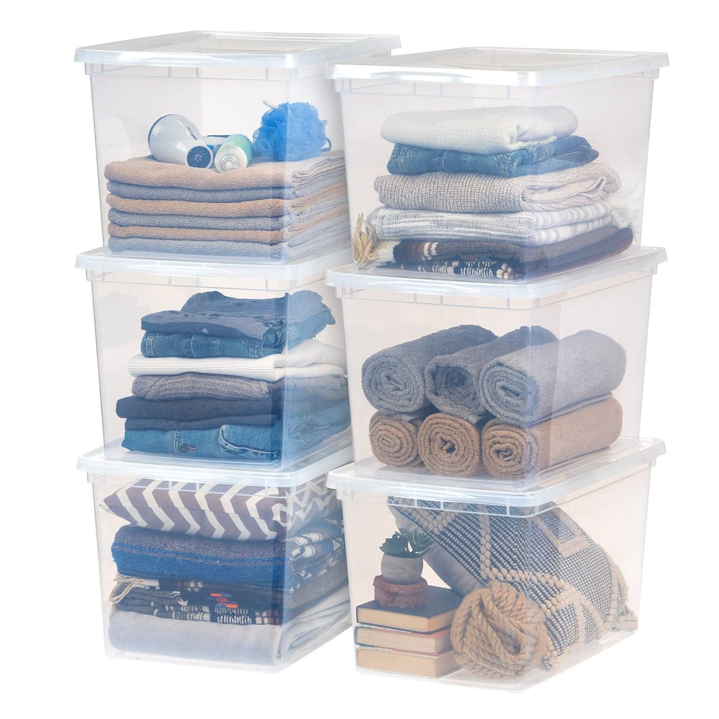 IRIS USA 6Pack Storage Bins with Lids 68 Quart Clear Stackable Containers Box Organize Shoes Closet Shelves Clothes Blankets Towels BPAFree Plastic