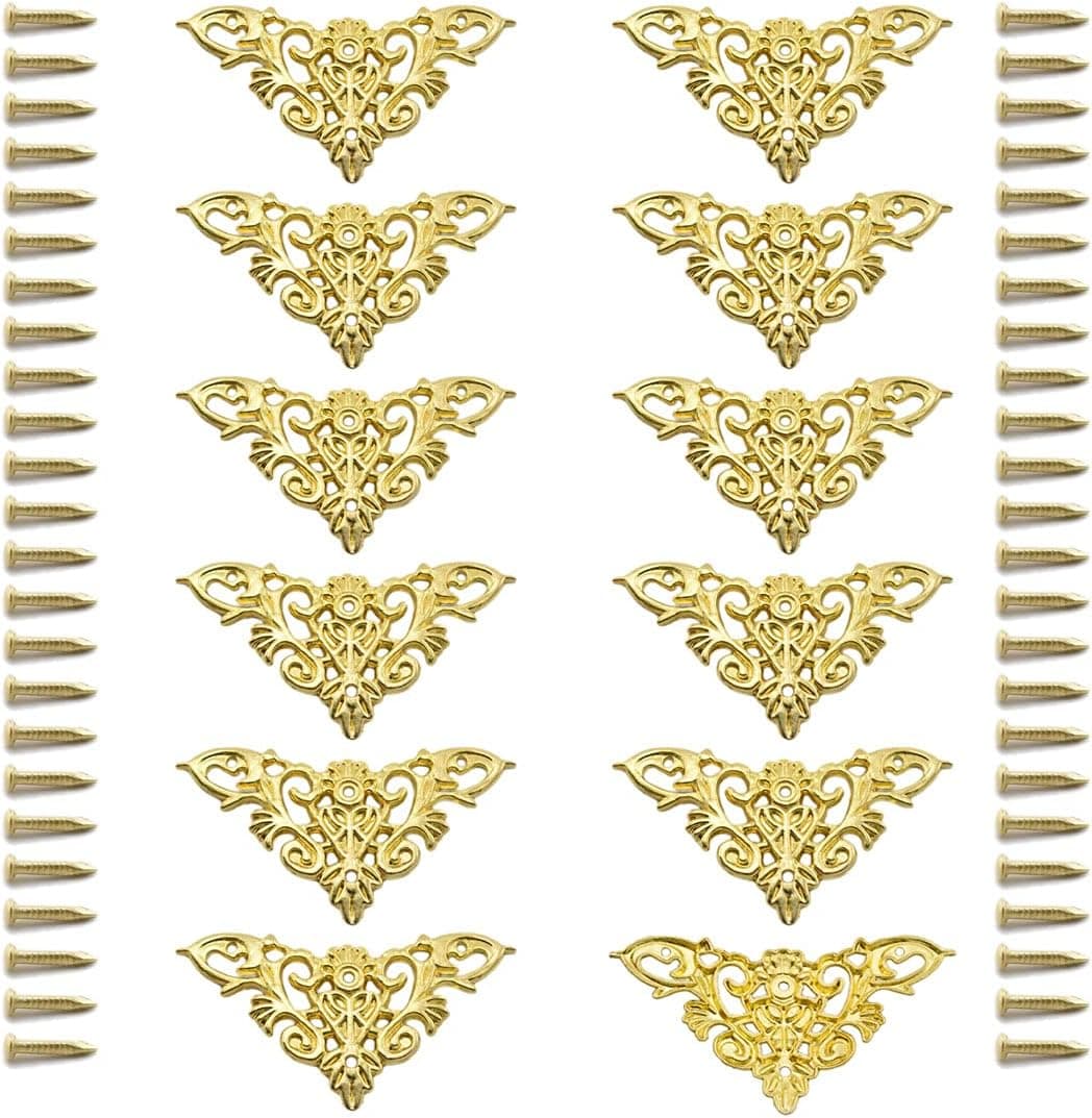 Furniture Decorative Edge Cover Antique Metal Carved Corner Protector for Jewelry Box Album Book Cabinet Desk etc 12pcs Gold