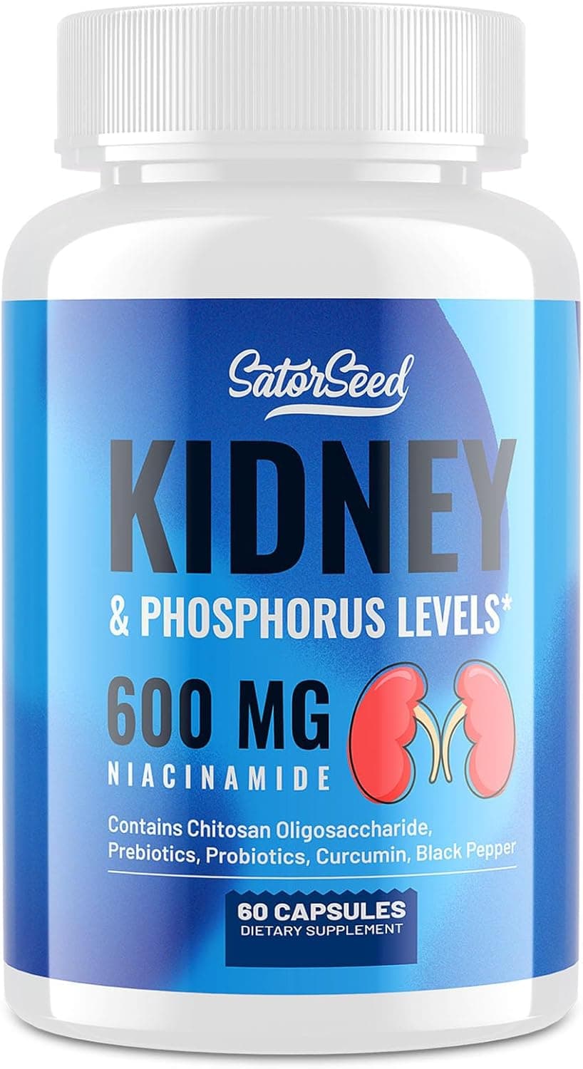 Kidney Cleanse Detox Repair Kidney Support Supplement with 600mg Niacinamide Chitosan Oligosaccharide Curcumin Probiotics Phosphorus Binder 60 Capsules