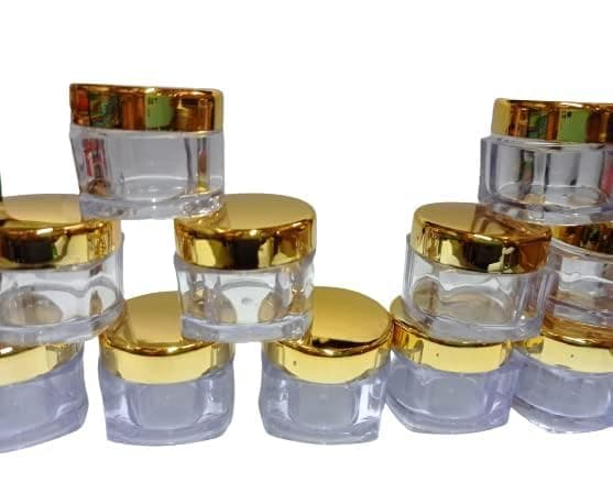 SHREE MAHA 15 Gram Cosmetic Sample Containers with Lids Empty Small Makeup Jars Plastic BPA Free colorGold Transparent Pack of 12 Piece