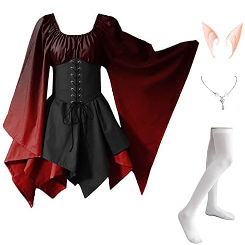 FMMOEK Women's Medieval Renaissance Costume Fairy Irish Victorian Gothic Dress Vintage Cosplay Lace Up Corset Dress (2XL, redblack)