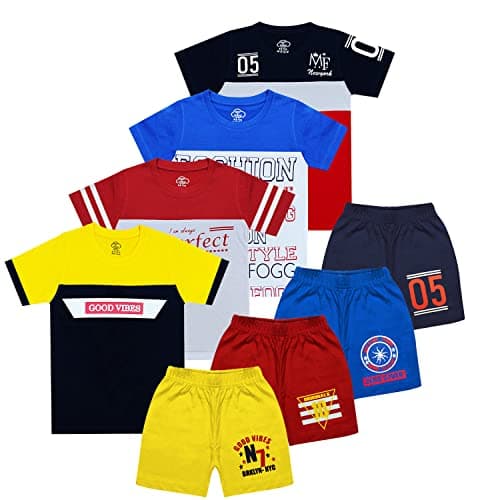 MIST N FOGG Boys Cut & Sew Cotton T Shirt and Shorts (Multi, 6-7 Years)
