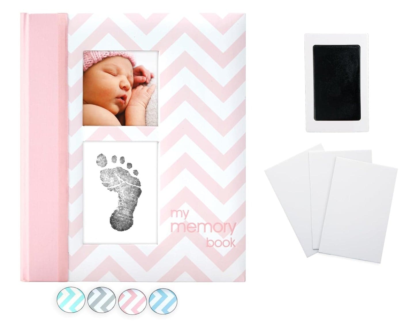 Pearhead Baby Memory Book First 5 Years Baby Milestone Book Pregnancy Journal Gender Neutral Newborn Keepsake With CleanTouch Ink Pad For Babys Handprint or Footprint Pink Chevron