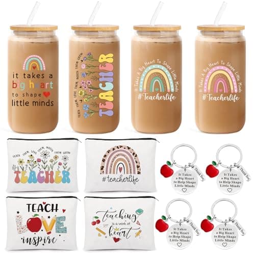 UAREHIBY 12 PCS Teacher Appreciation Gifts In Bulk,Thank You Teachers Gifts for Women with 16 OZ Glass,Teacher Christmas,Valentines Day Gift with Makeup Bag,Key chain,Teachers Gift from Students