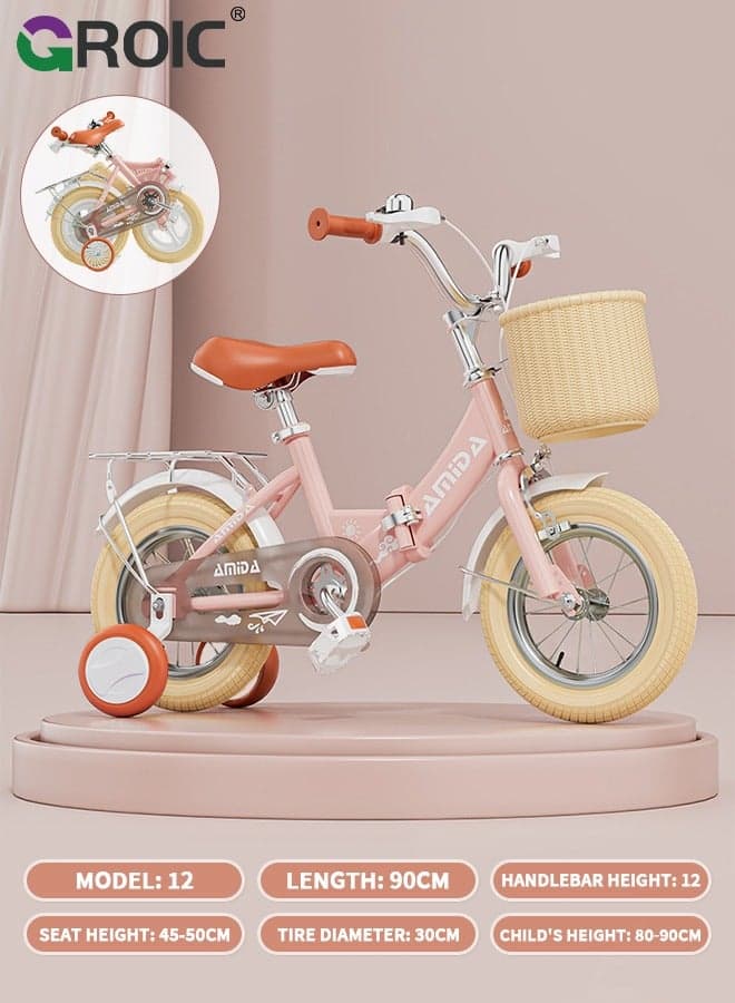 British Style Folding Kids Bike, 12" Children Bicycle with Basket, Seat Rack, Training Wheels and Dual Handbrakes, Toddler Sport Bicycle for 3+ Years Old Girls Bike Boys Bike - Pink