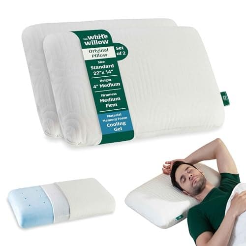 The White Willow Memory Foam Set of 2-Cool Gel Pillow for Neck & Shoulder Pain-Cervical Pillow for Sleeping-Orthopedic for Back, Side & Stomach Sleepers-Medium Firm-Standard-4" H-Classic White