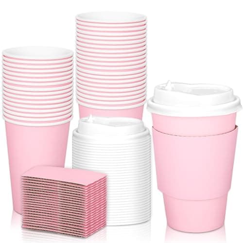 JarThenaAMCS 50Set Pink Disposable Coffee Cups with Lids and Sleeves 12oz Light Pink Paper Drinking Cups for Home Restaurant Wedding Birthday Baby Shower Bachelorette Party Supplies