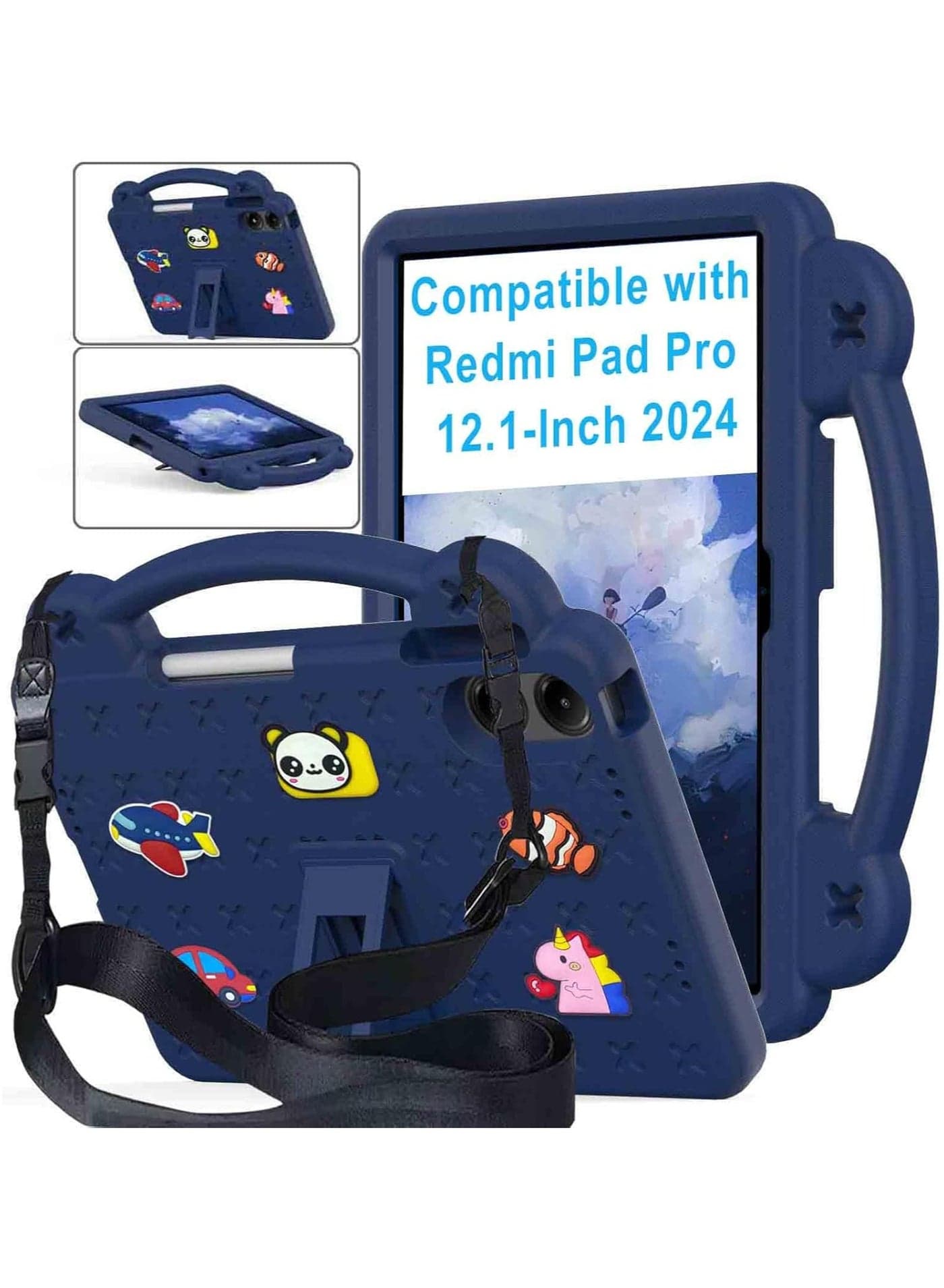 Kids Case Compatible with Xiaomi Redmi Pad Pro 12.1 Inch 2024, Durable Lightweight Shockproof Case with Pen Holder, Handle Stand, Shoulder Strap, Navy Blue