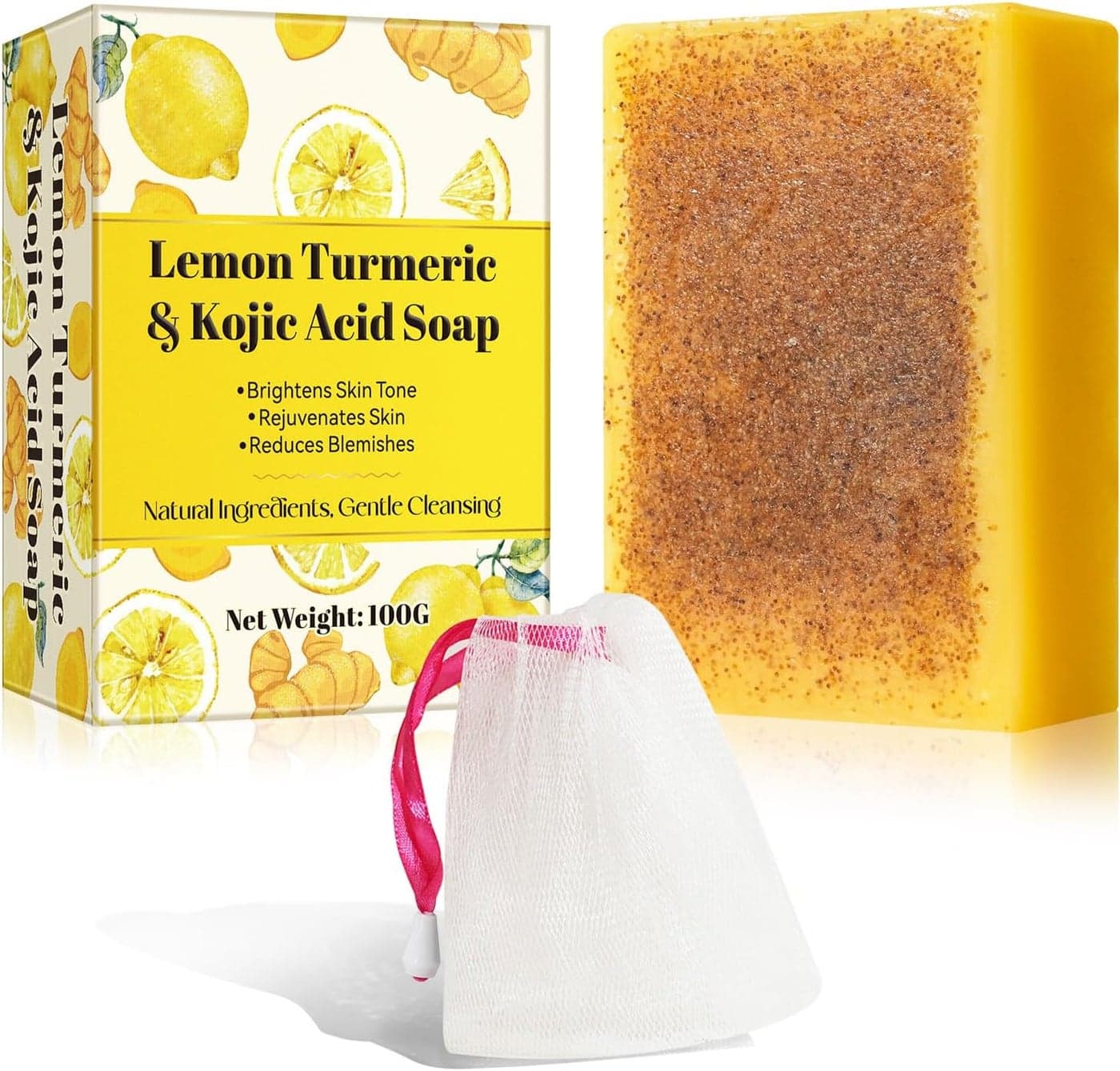 Lemon Turmeric Kojic Acid Soap Natural Skin Beauty Soap Bar 100g Palm Oi Bar Soap Remove Acne Blackheads Dark Spots Smooth Skin Deep Cleansing Gentle Soap for Face and Body Moisturizing