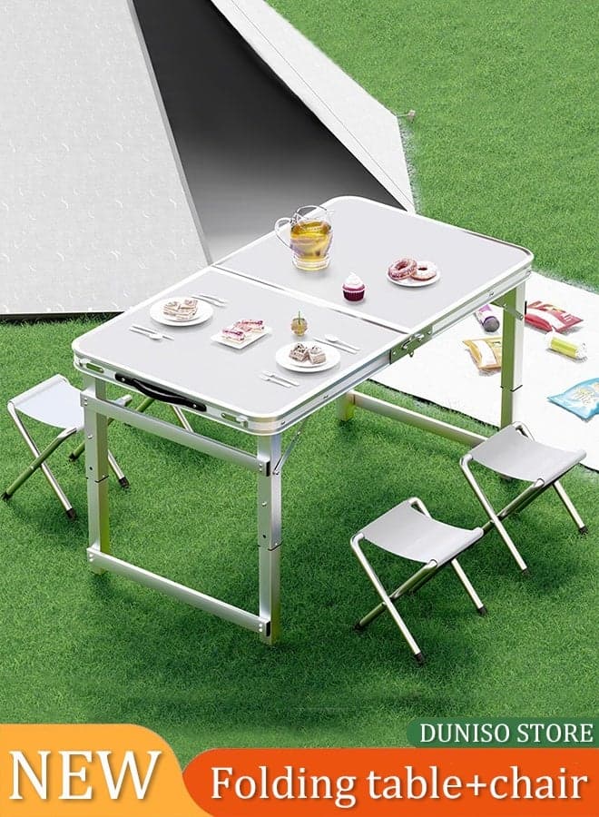 Folding camping table, portable aluminum alloy beach table, picnic table ,with four Oxford cloth stools, adjustable height, with handle design, suitable for indoor, outdoor, picnic, party, barbecue