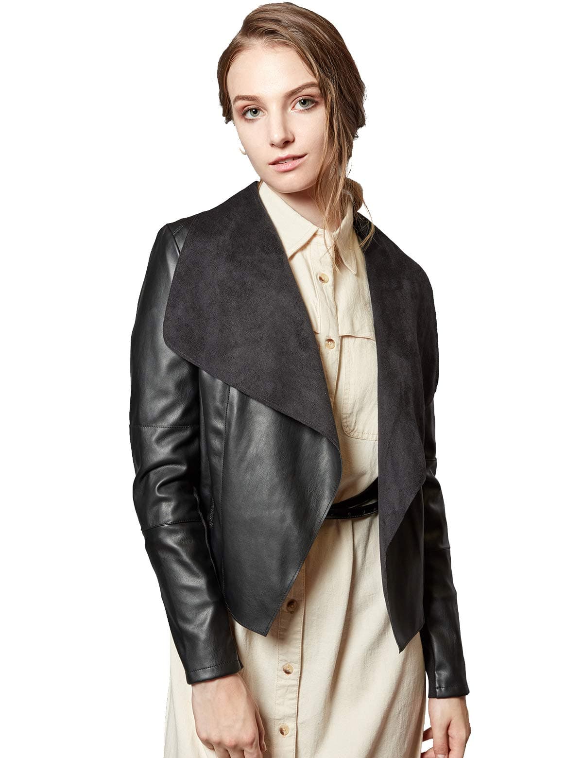 Escalier Womens Faux Leather Jackets Slim Open Front Lapel Blazer Jackets Black Small