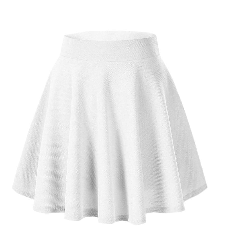 Afibi Girls Casual Mini Stretch Waist Flared Plain Pleated Skater Skirt (Small, White)