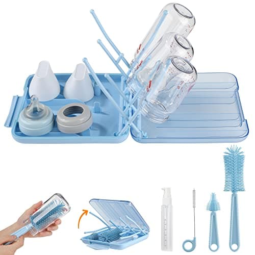 Bottle Brush Set Baby Travel Essential6 in 1 Bottle Cleaner Kit with Silicone Bottle BrushNipple Cleaner BrushStraw BrushSoap DispenserStorage BoxBottle Drying Rack for Home and TravelBlue