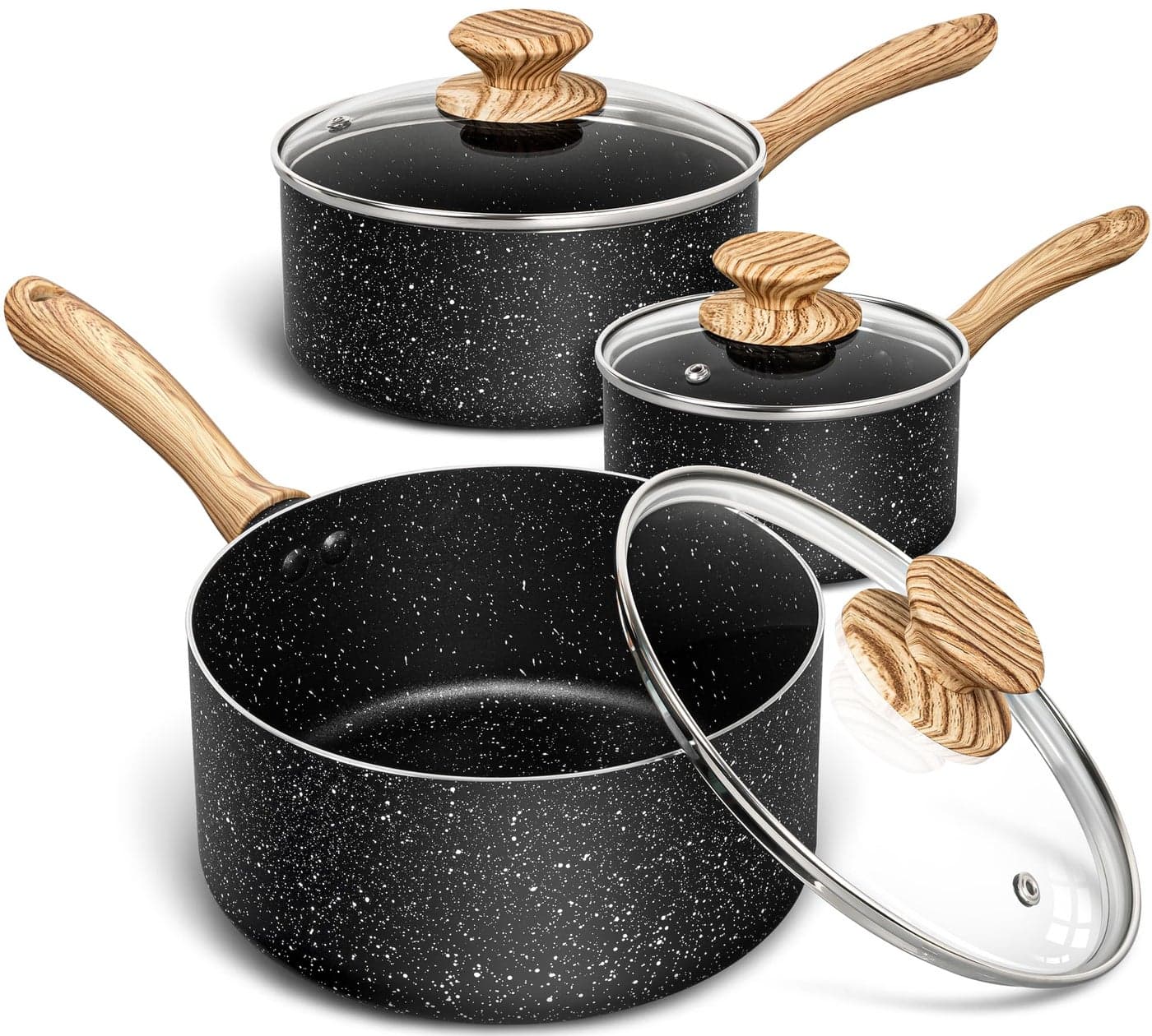 MICHELANGELO Saucepan Set Nonstick Sauce Pans with Granite Coatings Stone Sauce Pan with Lids Non Stick Pot Sets Sauce Pots 3 Piece 1Qt 2Qt 3Qt