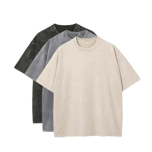 3 Pcs Men's Oversized Cotton Summer T-Shirts - Vintage Baggy Tee Loose Fit Short Sleeve T-Shirts Casual Streetwear (I,L)