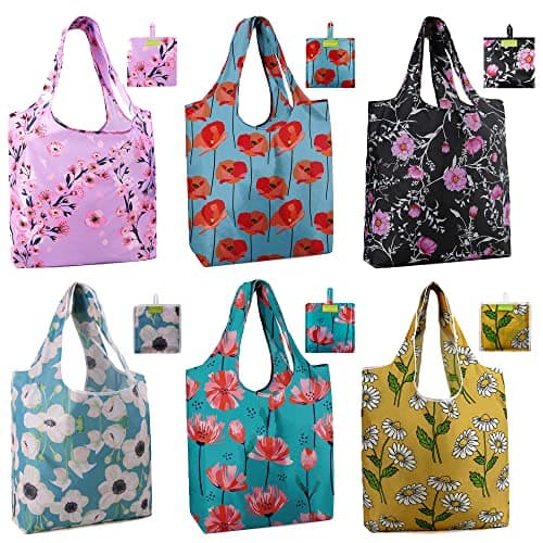 BeeGreen Flower Reusable Shopping Bags Cute Grocery Bag 6 Pack, Christmas Gift Bags Heavy-Duty Foldable Shopping Totes for Supermarket, Work & Travel, Large Washable Polyester Tote Bag with Handles