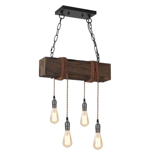 KEESFU 4Lights Farmhouse Pendant Lights Kitchen Island Rustic Wooden Ceiling Hanging Light Height Adjustable Dining Room Chandelier for Kitchen Island Dining Room Bar Pool Table Cabin