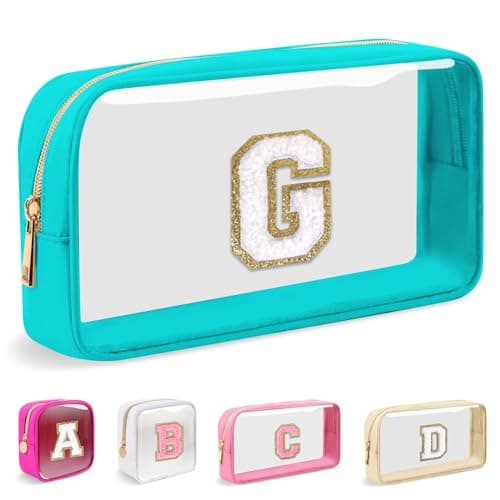 Small Clear Personalized Initial Makeup BagNylon Preppy AZ Chenille Letter Patch Cosmetic Pouch Beach Toiletry BagWaterproof Zipper Travel Purse Storage Bag Organizer for Women GirlsCyanWhite G