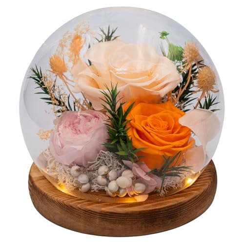 HUACHIPLUS Eternal Flowers for Decoration: Preserved Flowers in Glass Dome, Unique Forever Flowers Gift for Her BBF – Perfect Decorative Flowers for Home Décor - Flowers for Delivery Prime (Champagne)