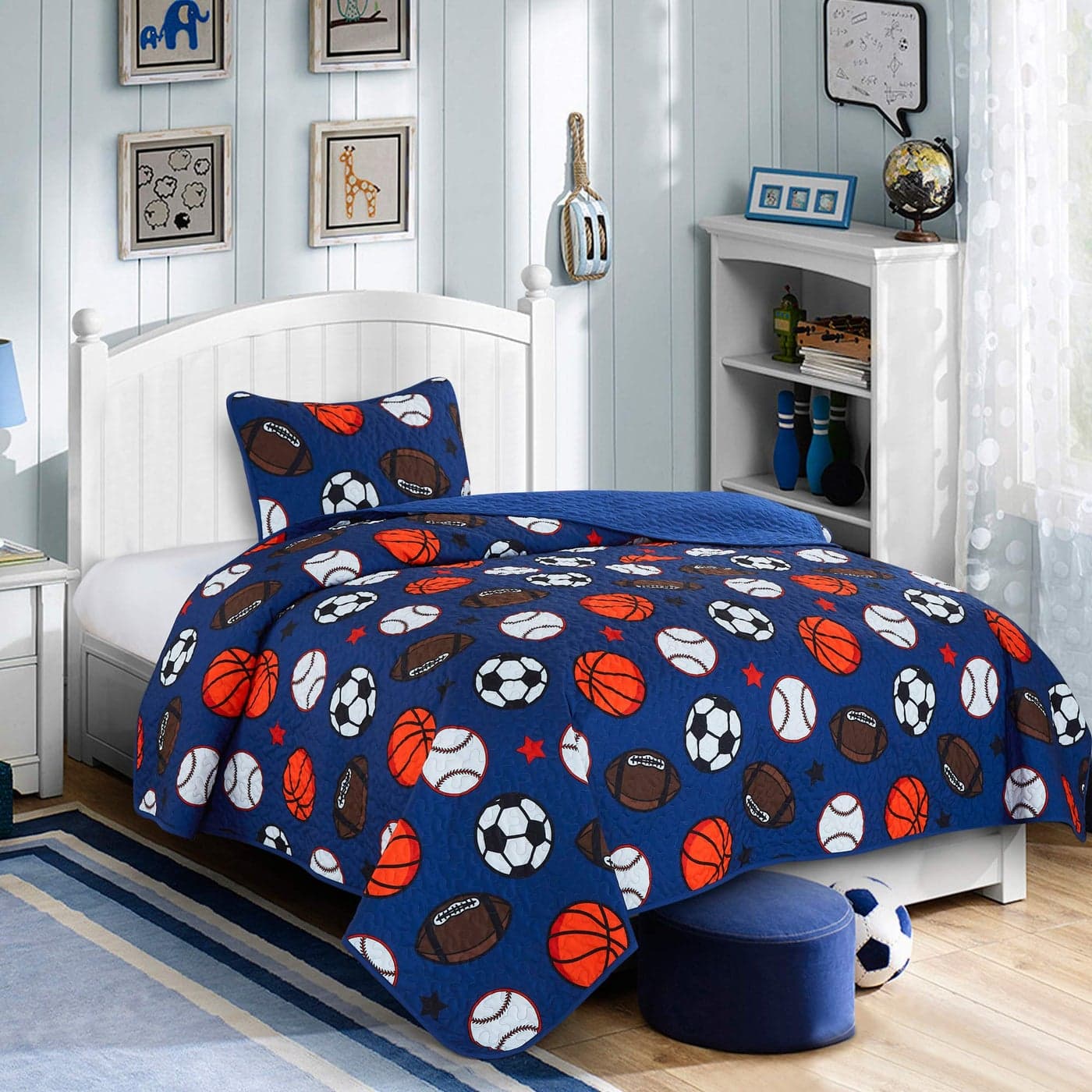 WPM WORLD PRODUCTS MART Blue Twin Quilt Set Football Baseball Print Quilt Set Basketball Sports Soccer Fan Theme Bedspread for Twin Bed Quilted with Pillow ShamFootball Twin
