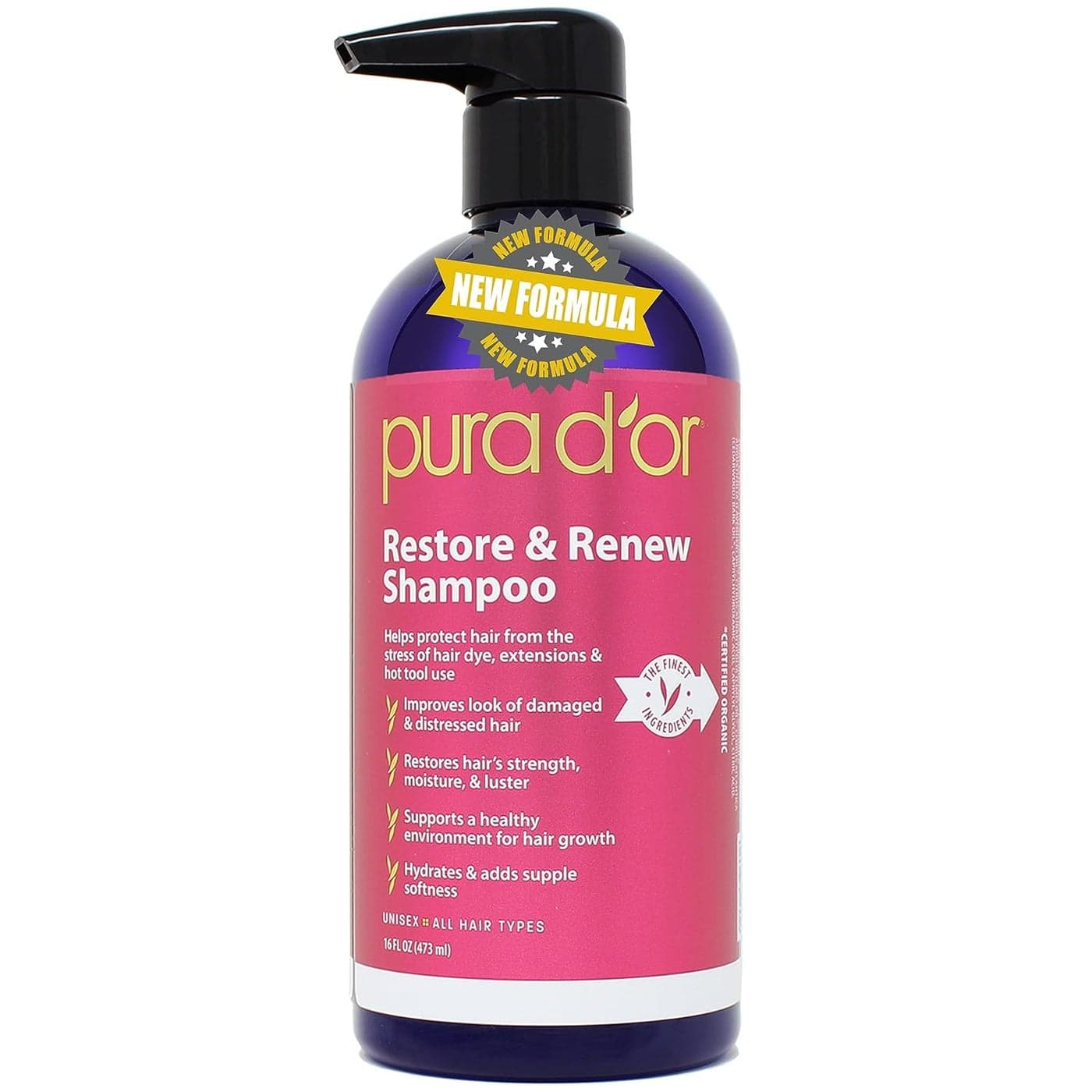 PURA D'OR Restore & Renew Shampoo (16oz) Hair Protection from Dye, Extensions and Heat Tools, Infused with Organic Aloe Vera, Rosemary Leaf Oil, Sea Buckthorn Fruit Oil, & Cacay Seed Oil