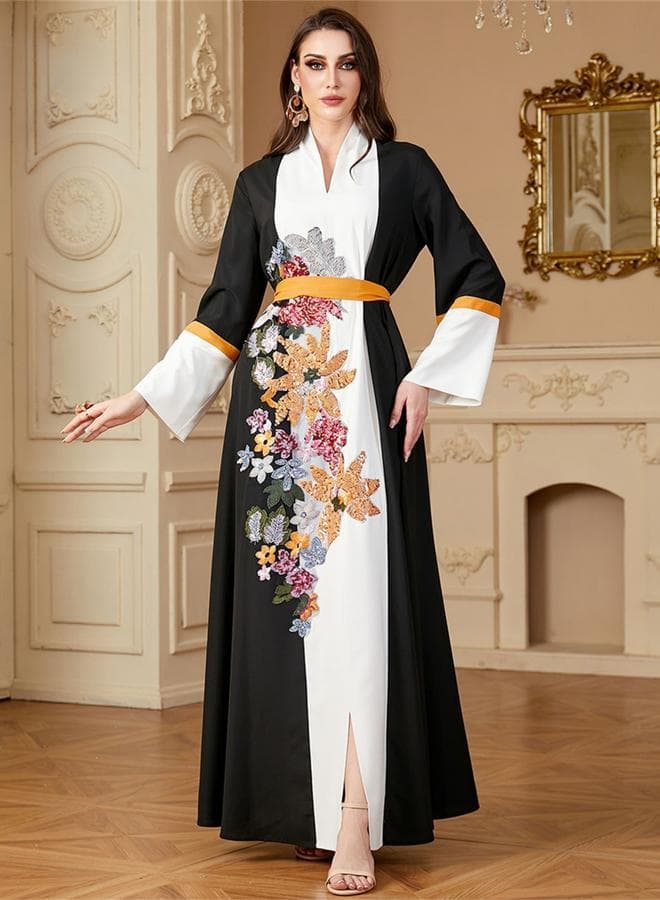 Women Floral Embroidered Belted Jalabiya