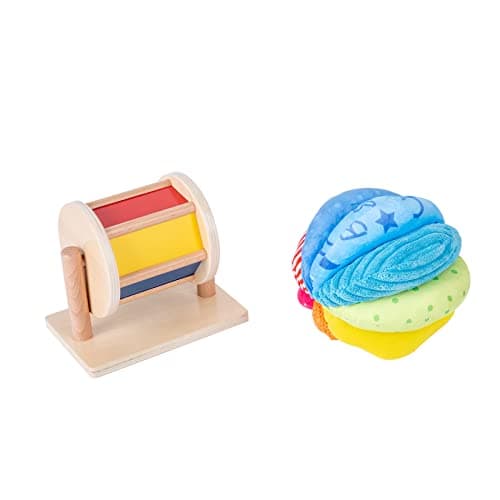 Montessori Baby Toys Play Kit Montessori Mirror Peekaboo Knob Puzzle, Medium Spinning Drum and Rainbow Fabric Ball Kit Toys for6-12Months Toddlers (Play Kit 3)