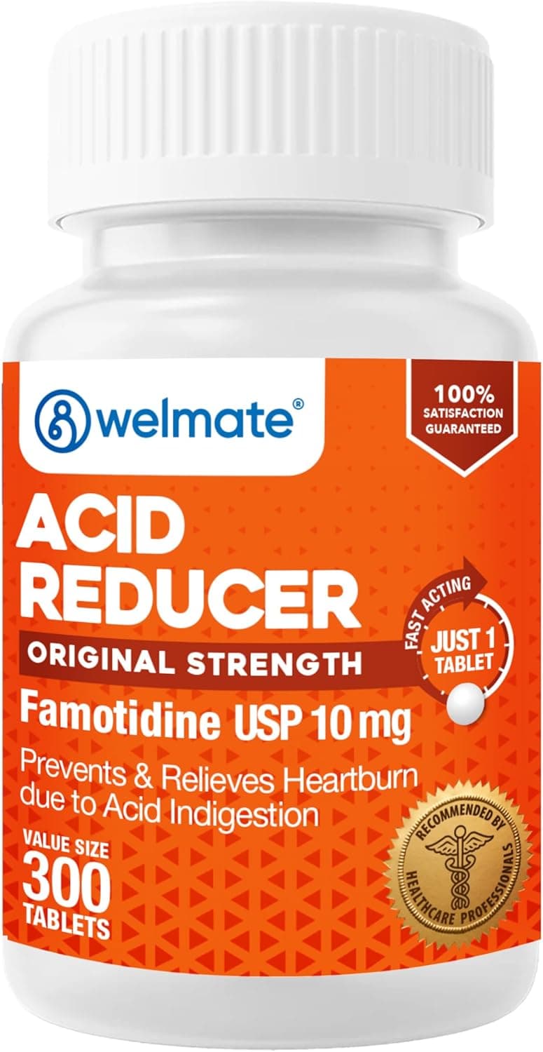 WELMATE Famotidine Acid Reducer 10mg Original Strength Heartburn Relief Acid Indigestion Stomach Relief Works in 15 Minutes Generic Medication Value Size 300 Tablets