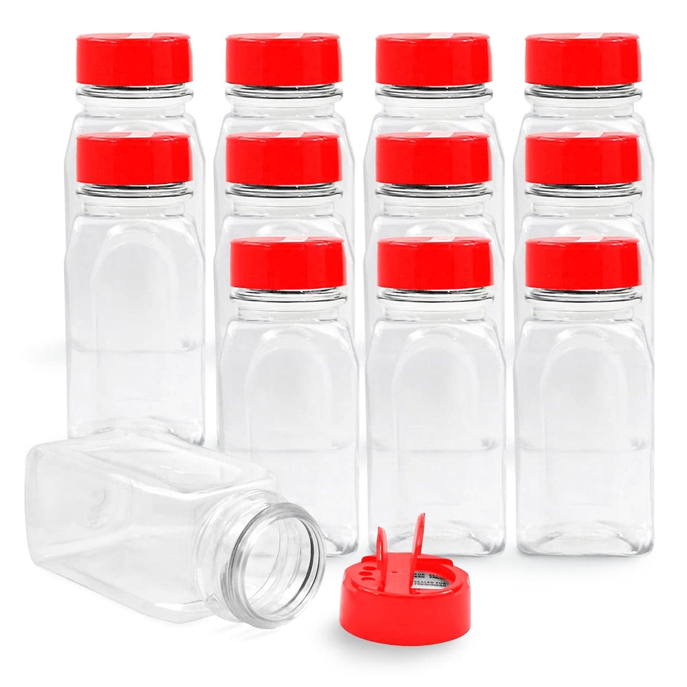 RoyalHouse 12 PACK 95 Oz with Red Cap Plastic Jars Bottles Containers Perfect for Storing Spice Herbs and Powders Lined Cap Safe Plastic PET BPA free Made in USA