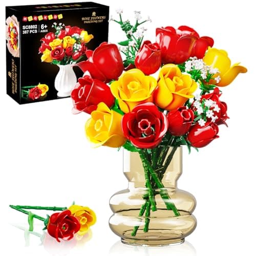 HOGOKIDS Flowers Bouquet Building Set with Lights 16 Roses Bouquet Botanical Building Blocks Artificial Red Roses Flower for Home Decor Birthday Valentines Gifts for Adults Girl 387PCS Yellow