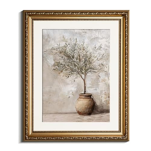 InSimSea Gold Picture Framed Wall Art, Living Room Vintage Olive Tree in Vessel Wall Decor, Still Life Botanical Canvas Print Art, Home Farmhouse Decor, Antique Paintings with Frame 13x16inch