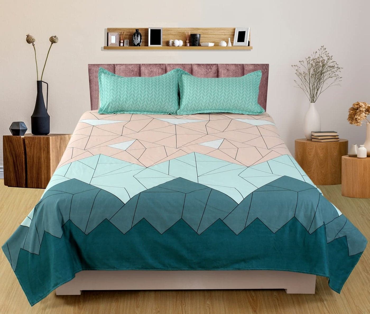 Nendle Abstract Pattern Bedsheet for Double Bed Cotton Blend with 2 Pieces Contrast Pillow Cover of Size 18 by 27 Inches for Living Room (Peach, 90 by 90 Inches)| H603 | 180 TC