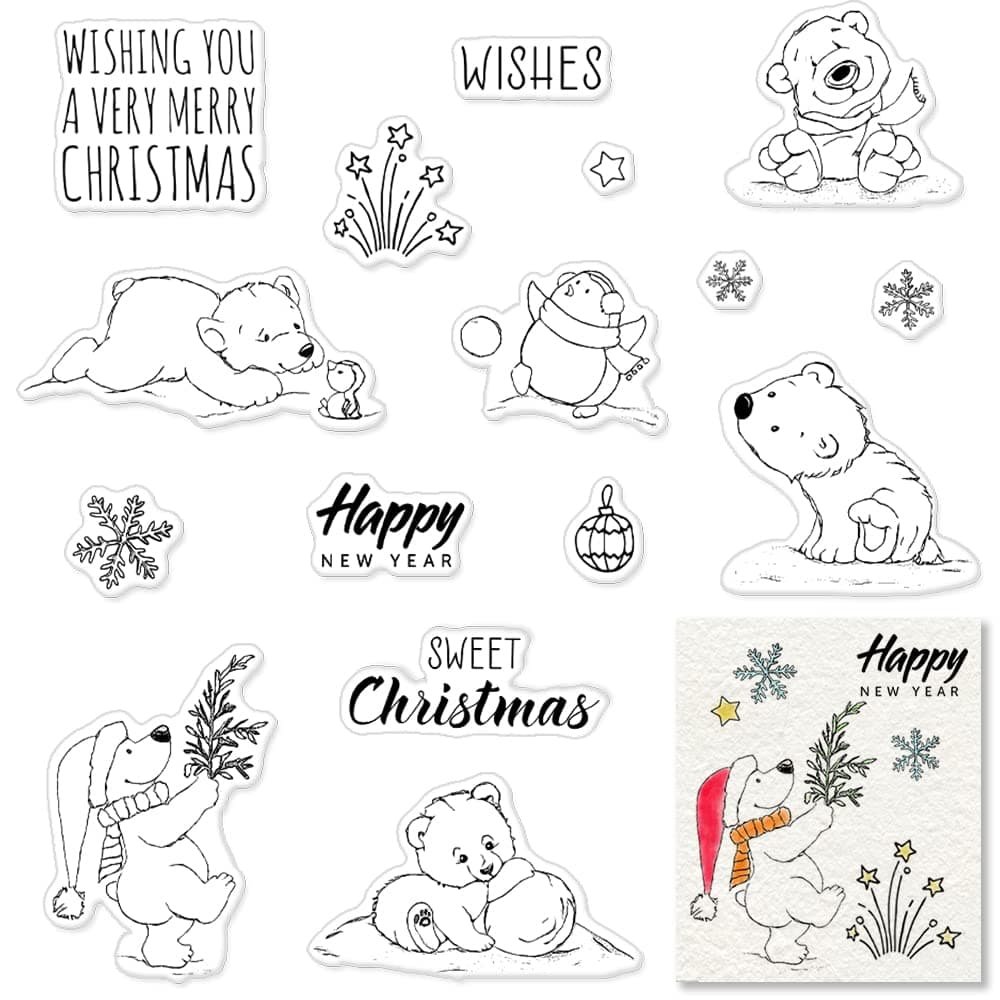 Christmas Happy New Year Clear Stamps for Card Making with Sentiments Words Winter Bear Snowflake Flower Clear Rubber Stamp for Holiday Card Making Decoration and DIY Scrapbooking Album DIY Crafts