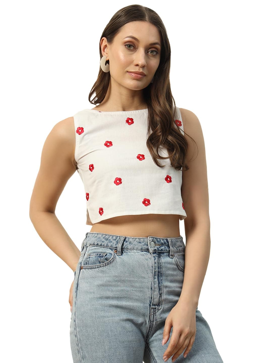FIORRA Women's White Embroidered Cotton Crop Top TOP014