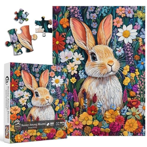 PICKFORU Bunny Puzzles for Adults Spring Flower Jigsaw Puzzles 1000 Pieces Rabbit Garden Colorful Easter Puzzle as Flower Wall Art