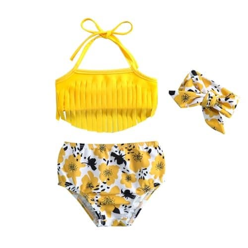 Baby Bucket Girls Stylish Two-Piece Swimsuit| Baby Girl Bikini Swimsuit with Headband - (12 Months-18 Months) - Yellow