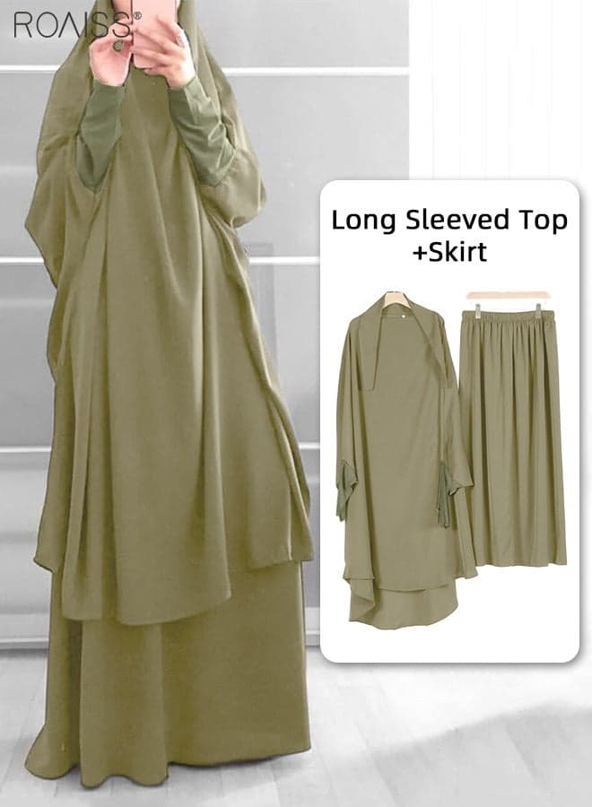 Women's Traditional Wear Loose Suit Casual Hooded Large Hem Circumference Solid Color Gown 2 Piece Classic National Worship Long Sleeve One-Piece Headscarf Abaya Dress Green