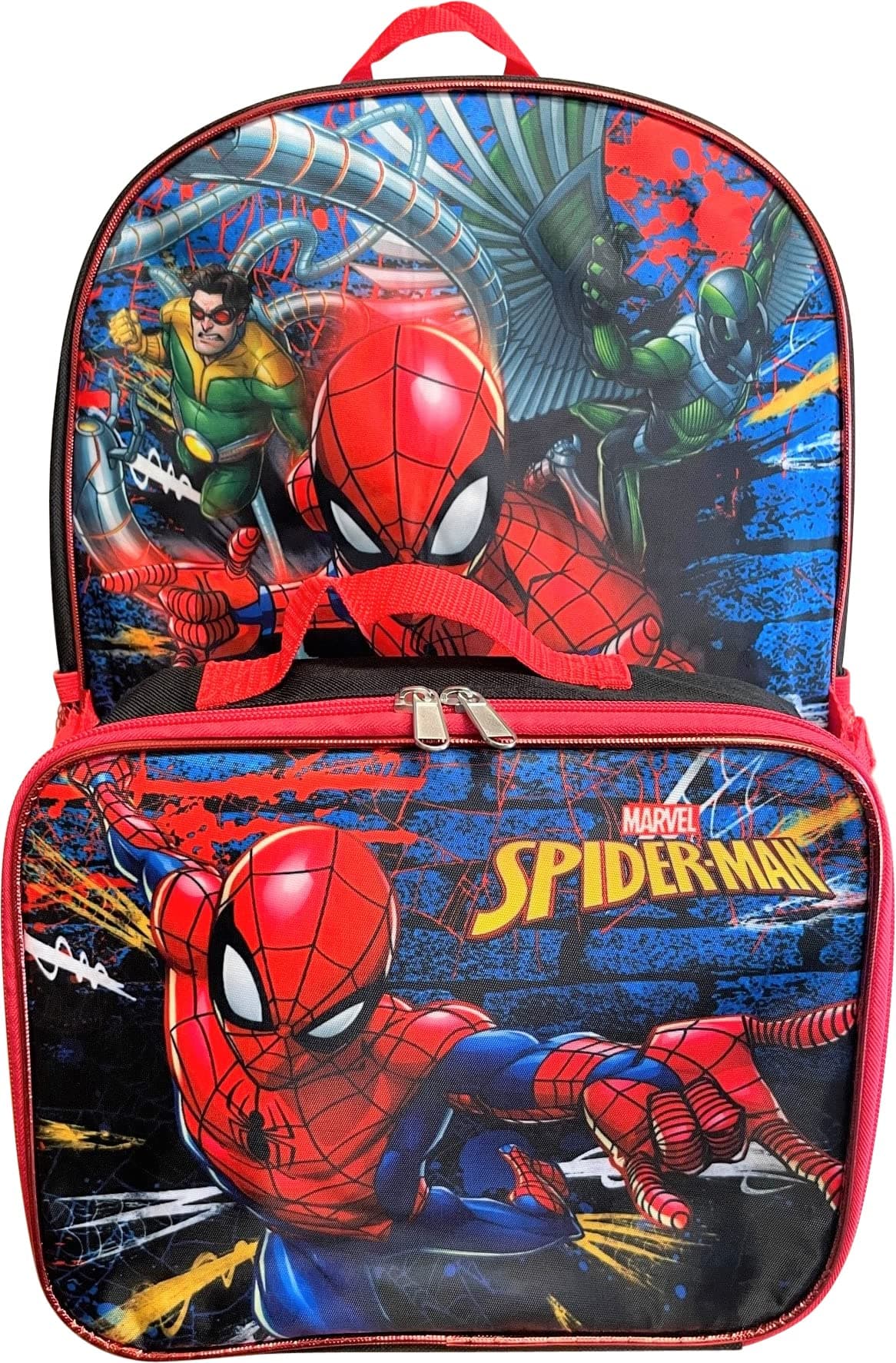 Ruz Spiderman Boys 16 Inch Backpack With Removable Matching Lunch Box Set (Black-Red)
