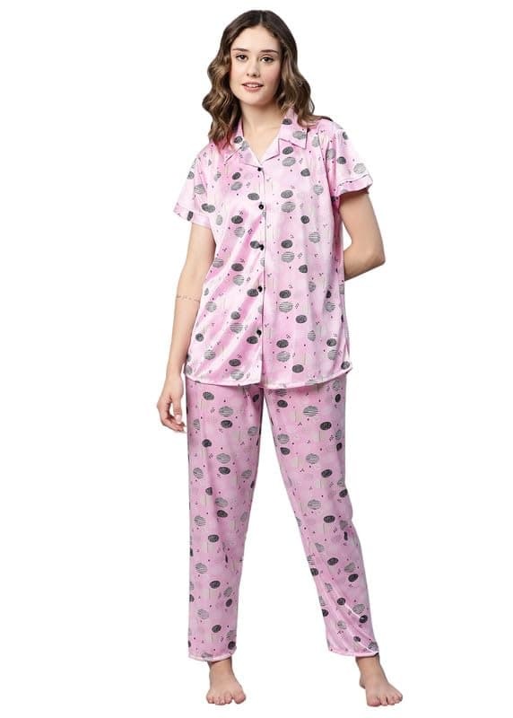 AV2 Women Satin Short Sleeve Top And Pajamas Nightsuit Set Pink Medium 2298