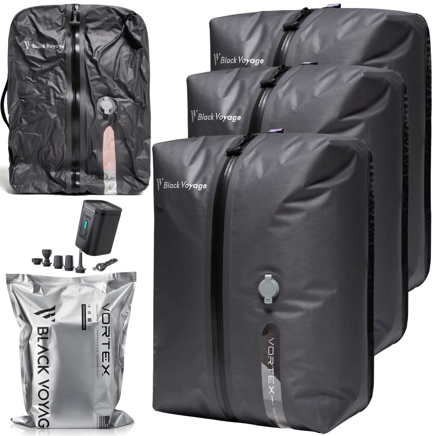 Black Voyage Reusable Vacuum Compression Travel Bag for CarryOn Suitcase and Backpack Recycled IP67 Waterproof Space Saver Vacpack 3Pack 18L Pump Included