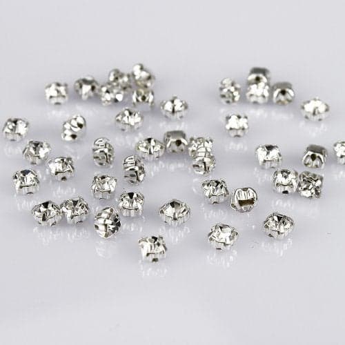 LolliBeads (TM) 100 Pcs Crystal Ringed Sew on Rhinestone Czech Glass with Silver Plated Brass Base Prongs Cup, White 5 mm