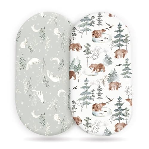 Stretchy Bassinet Mattress Sheets Ultra Soft Bassinet Sheet 2 Pack Universal Fitted for Oval Hourglass Rectangular Bassinet Mattress Pad Safe and Snug Stylish Pattren of Bear and Wolf Print