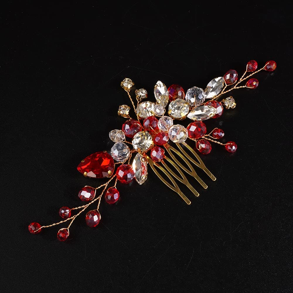 JWICOS Crystal Bride Wedding Hair Comb Rhinestone Bridal Hair Clip Glitter Wedding Hair Accessories for Women and Girls Red