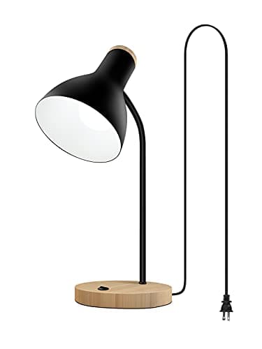 LALISU Metal Desk Lamp Table Lamp Reading Lights Arc Desk Lamps for Bedroom, Wood Base Bedside Lamp with Flexible Gooseneck for Study Room and Office (Wood Base+Black)