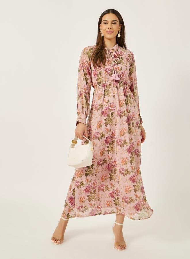 Floral Print A-Line Maxi Dress With Tie-Up Neck Detail